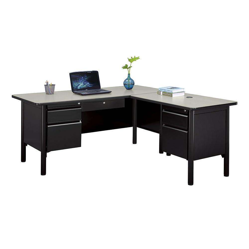 Cherry and Black L-Shaped Executive Office Desk with Lockable Drawers