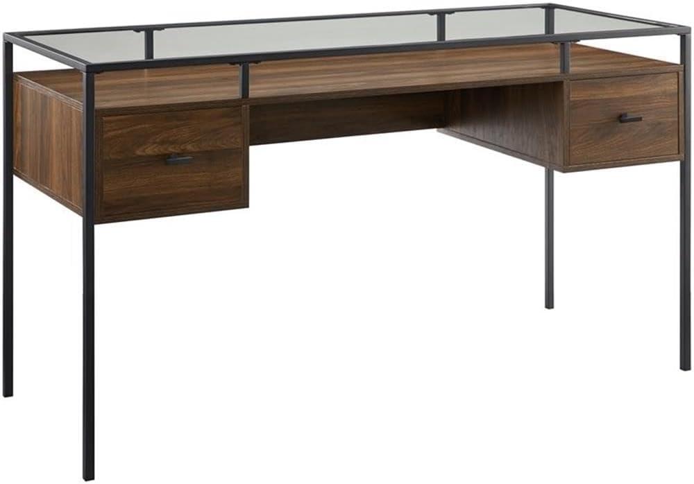 Fulton 56" 2-Drawer Lifted Tempered Glass Top Desk in Dark Walnut