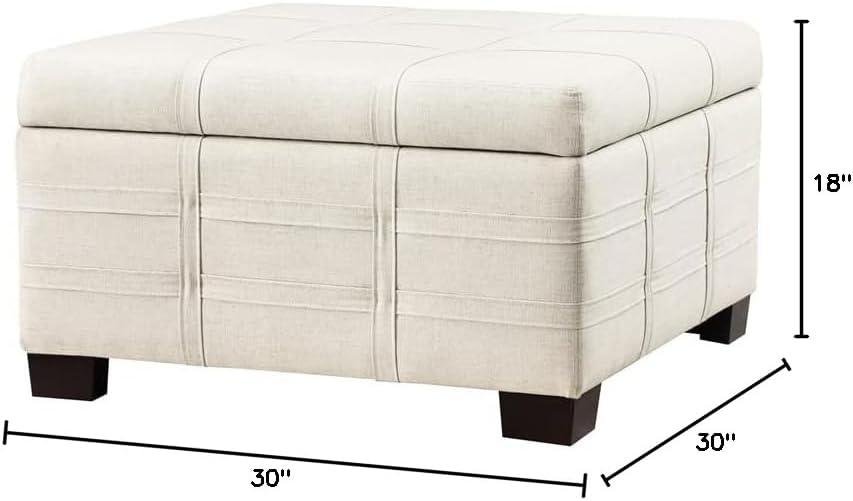 Detour Strap Square Storage Ottoman in Linen White Fabric