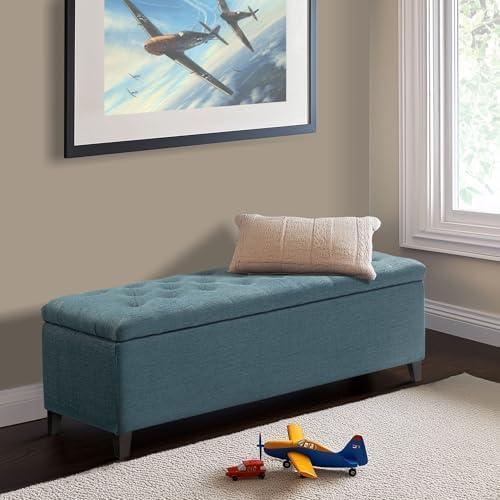 18" Shandra Bench Storage Ottoman with Tufted Top Blue - Home: Faux Leather, Rectangular, Wood Legs, Polyester Upholstered