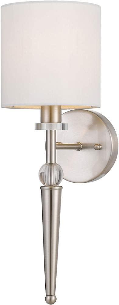 Merritt Satin Nickel 16" Wall Sconce with Crystal Accents and Round Ivory Shade