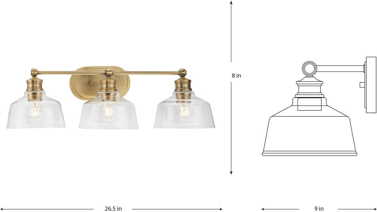 Progress Lighting Singleton 3-Light Vanity Fixture, Vintage Brass, Clear Glass Shades, Steel Material, Damp Rated