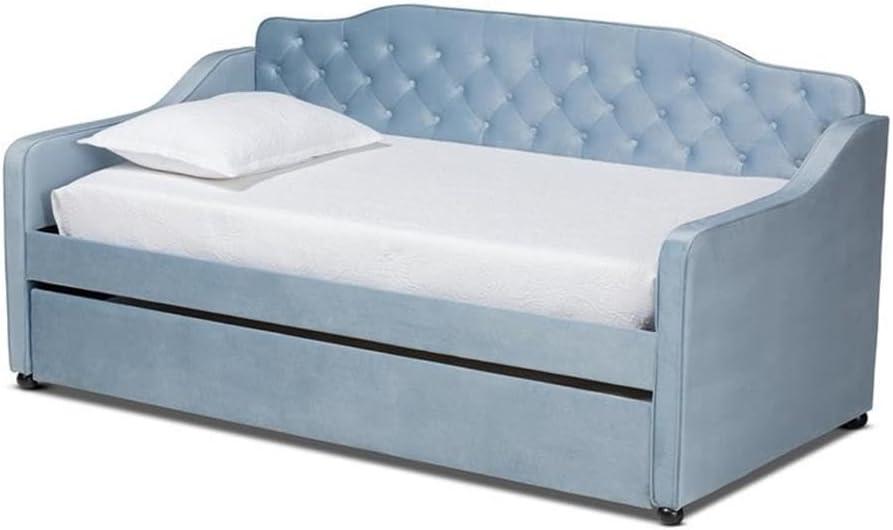 Twin Freda Velvet Tufted Daybed with Trundle Light Blue - Baxton Studio: Upholstered, Mid-Century Modern, No Box Spring Required