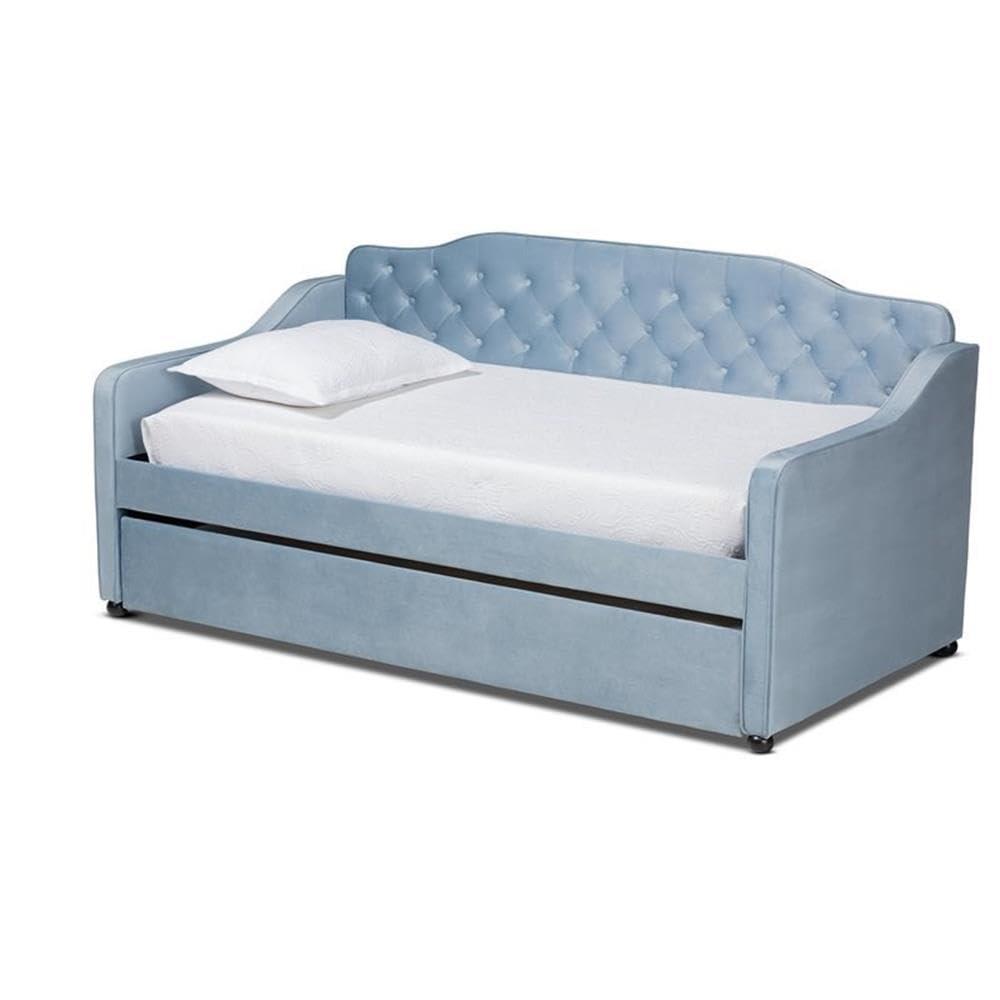 Twin Freda Velvet Tufted Daybed with Trundle Light Blue - Baxton Studio: Upholstered, Mid-Century Modern, No Box Spring Required