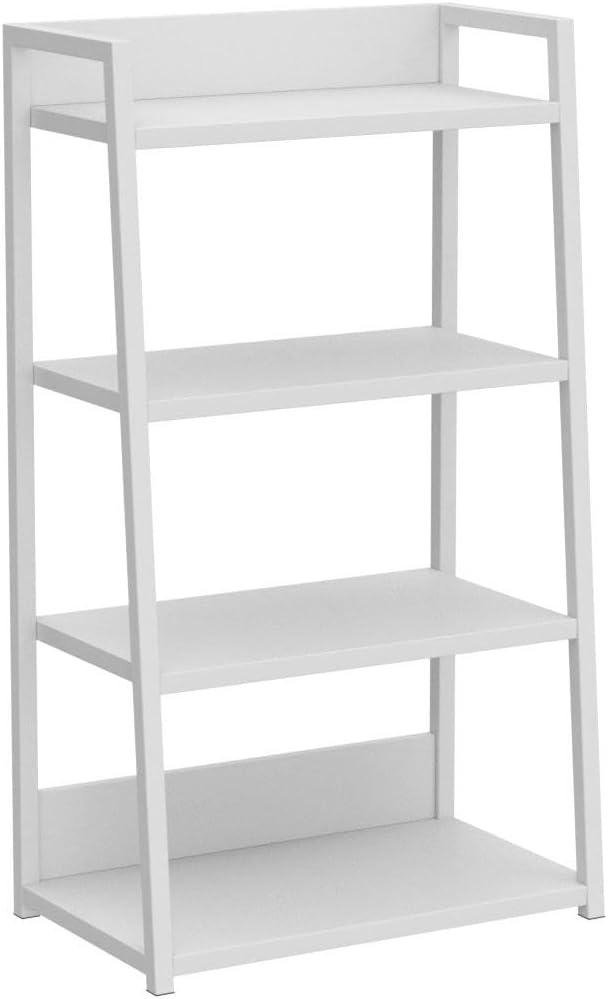 White Modern 4-Tier Ladder Bookshelf with Wood Shelves