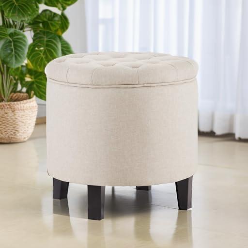 Belleze Nailhead Round Tufted Storage Ottoman Large Footrest Stool Coffee Table Lift Top, Blue