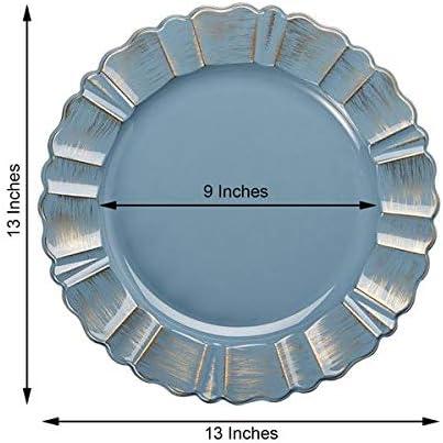 BalsaCircle 6 Dusty Blue Gold 13" Acrylic Wooden Textured Round Scalloped Trim Plastic Charger Plates