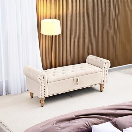 Furniliving Storage Ottoman Bench Button Tufted End of Bed Bench Storage Bench for Bedroom, Beige