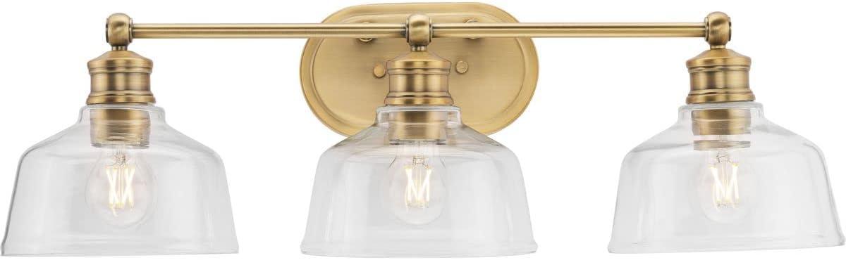 Progress Lighting Singleton 3-Light Vanity Fixture, Vintage Brass, Clear Glass Shades, Steel Material, Damp Rated