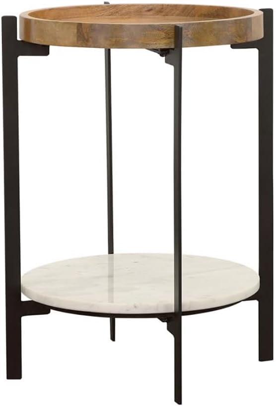 Round Accent Table with Marble Shelf Natural and Black