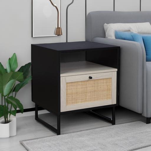 Mina Black Oak and Rattan Storage Accent Table