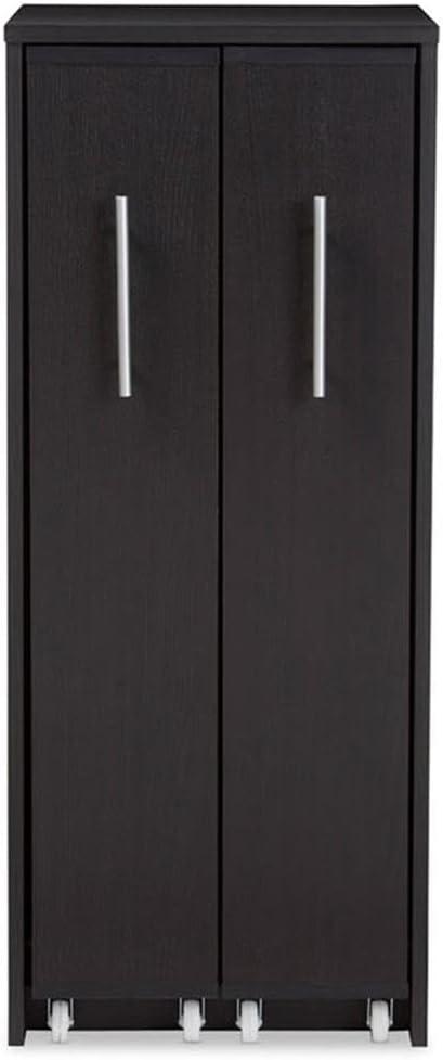 Baxton Studio Lindo Wood Bookcase with Two Pulled-out Doors Shelving Cabinet - Dark Brown: Media Storage, 10 Shelves, 54.25" Height