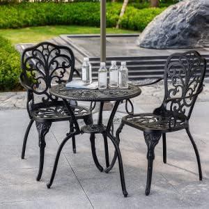 PATIO-IN 3 Piece Bistro Set Cast Aluminum Bistro Table and Chairs Set of 2 with Umbrella Hole,Patio Furniture Sets for Front Porch,Garden