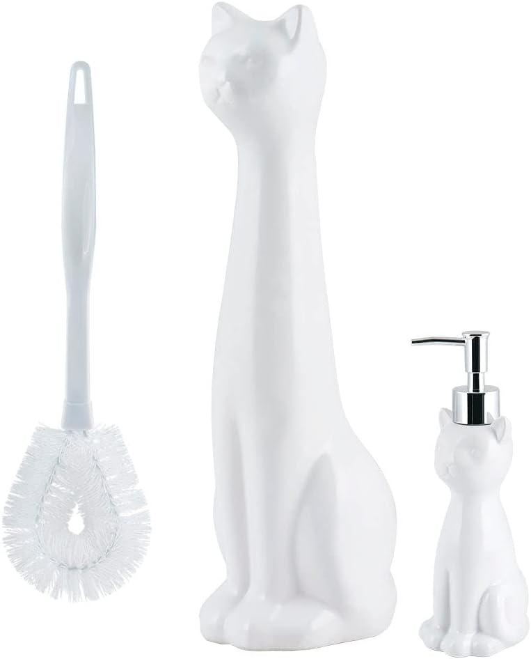 White Ceramic Cat Toilet Brush Holder and Soap Dispenser Set