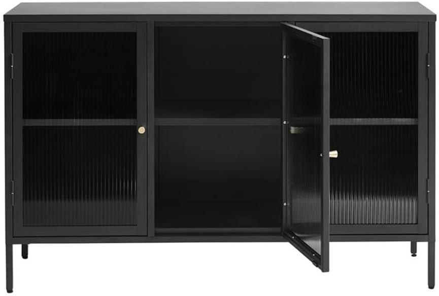 Refined Modern Black and Gold Metal Sideboard with Glass Panel Doors