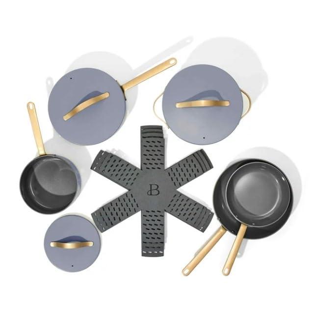 Beautiful 12pc Ceramic Non-Stick Cookware Set, Sage Green by Drew Barrymore