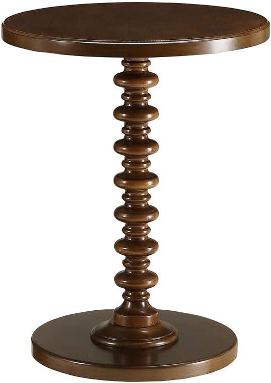 17 Inch Round Wood Side Table, Turned Support, Walnut Brown- Saltoro Sherpi
