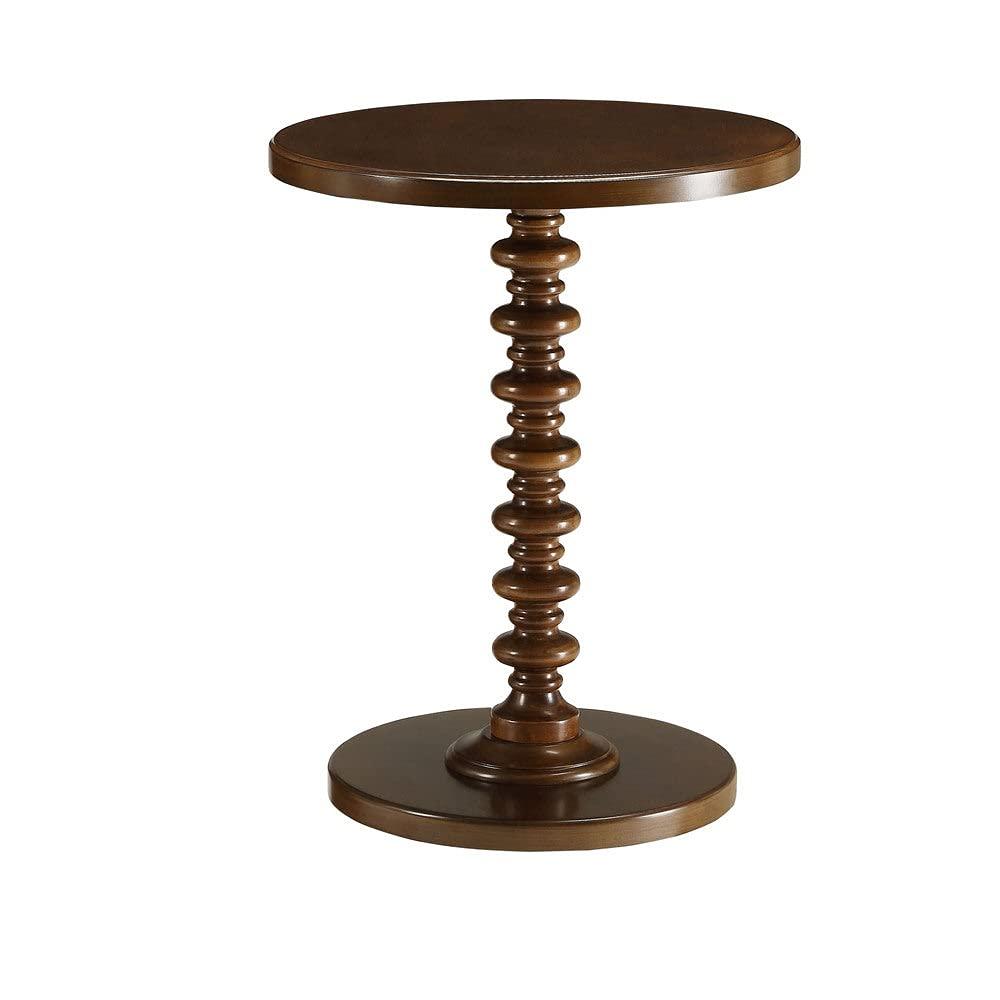 17 Inch Round Wood Side Table, Turned Support, Walnut Brown- Saltoro Sherpi