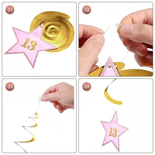 Rose Gold 13th Birthday Party Decors , Rose gold Glittery Happy 13th Birthday Banner,Poms,Sparkling Hanging Swirls Kit for 13th Birthday Party Supplies