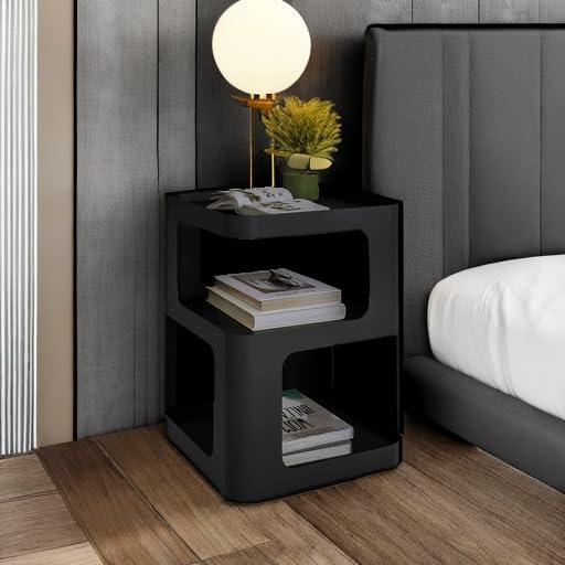 Metal Nightstand, Small End Table, Modern Side Table, Accent Bedside Table, 3 Tier Night Stands, Bed Side Table for Living Room Bedroom Outdoor Entryway, No Assembly Required, Black