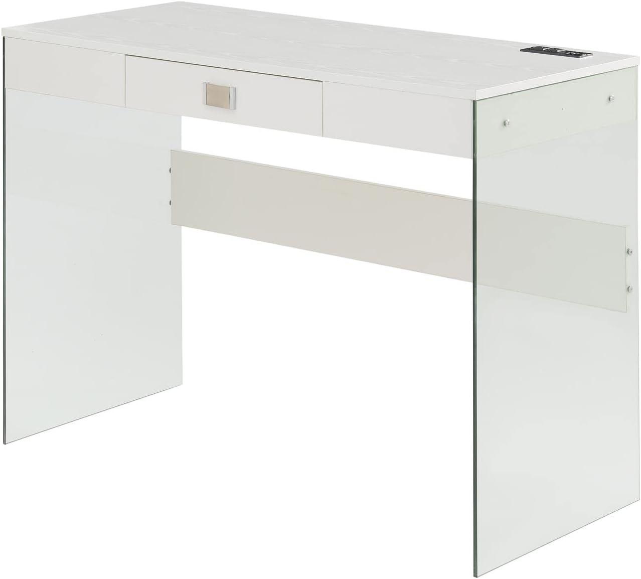 Convenience Concepts SoHo 30"H 42" W Glass Desk with Charging Station, White/Glass, All Ages