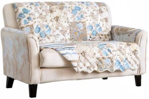 Taupe and Blue Floral Patchwork Reversible Loveseat Protector