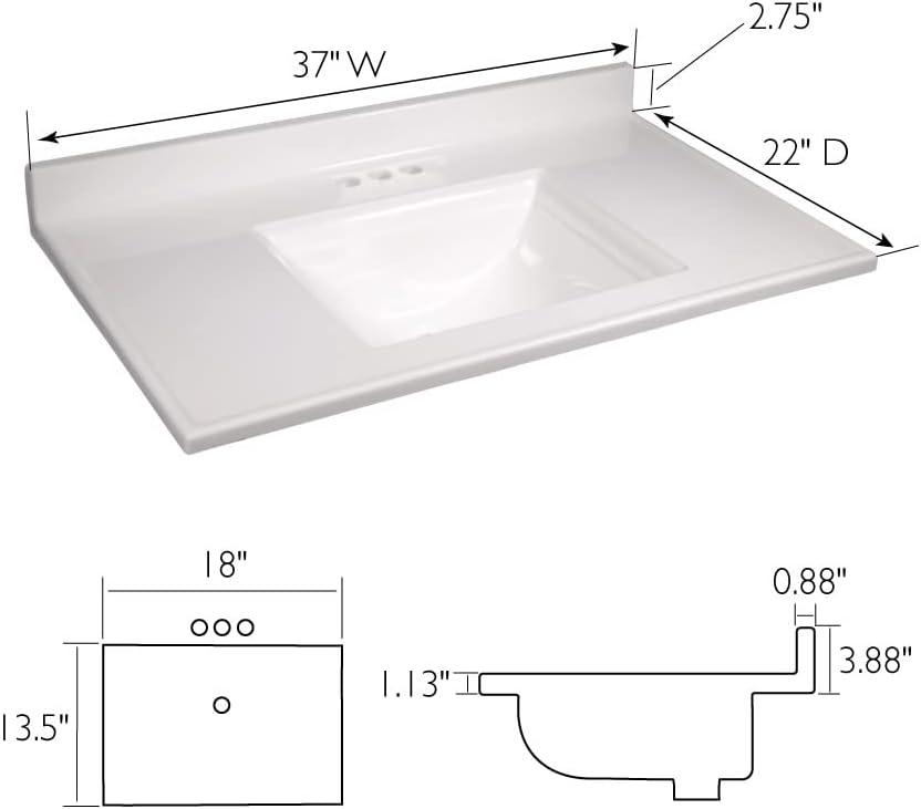 Design House 557645-WHT 37-inch Camilla Cultured Marble Centerset Mount Rectangle Single Bowl Vanity Top with Integrated Backsplash, Solid White