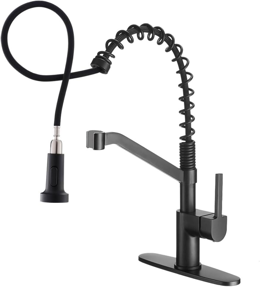 Wilmall Kitchen Faucet with Pull Down Sprayer & Deck Plate, Stainless Steel Commercial Single-Handle Spring Sink Faucet for Laundry, RV, Wet Bar, Farmhouse - Matte Black