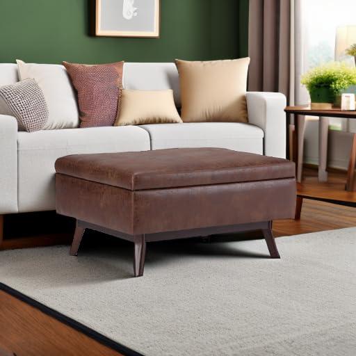 Simpli Home Owen 34"W Upholstered Coffee Table Storage Ottoman with Lift Top and Solid Wood Legs