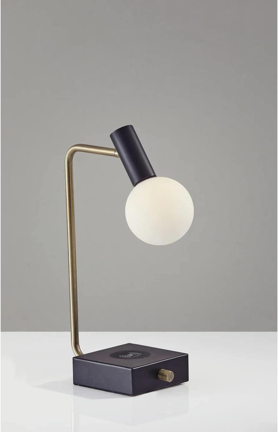 Adesso Windsor AdessoCharge LED Desk Lamp Matte Black w. Antique Brass Accents White Opal Glass