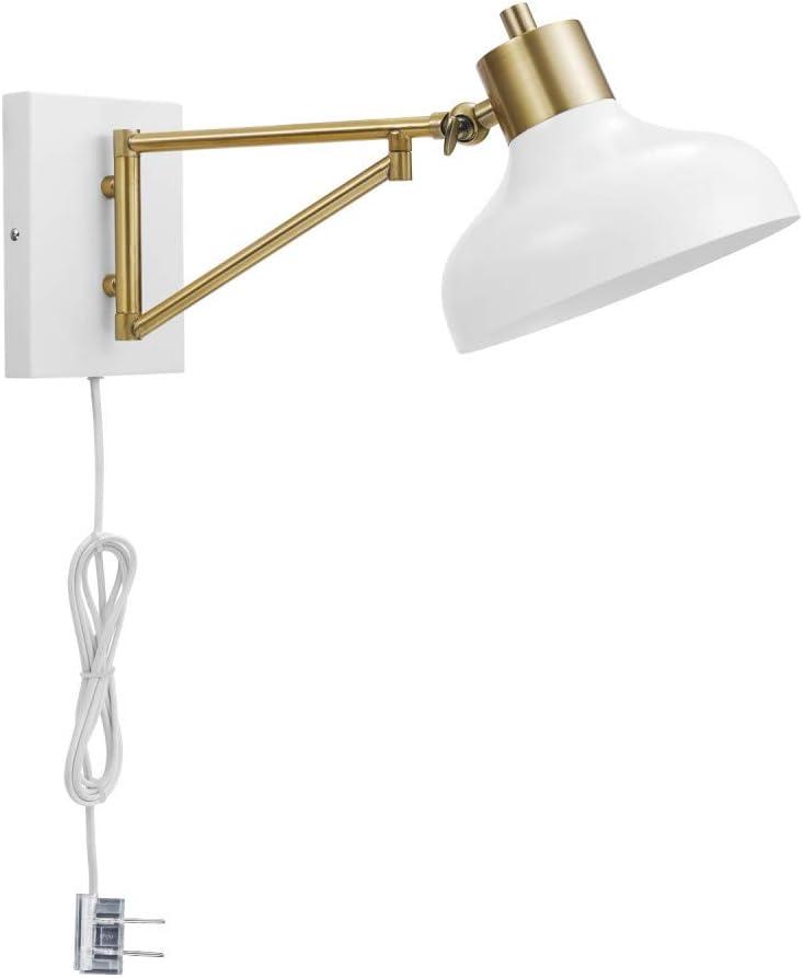 Globe Electric Berkeley 1-Light White and Brass Plug-in or Hardwire Swing Arm Indoor Wall Sconce