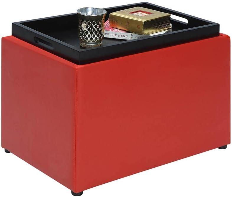 Versatile Bright Red Faux Leather Ottoman with Reversible Tray