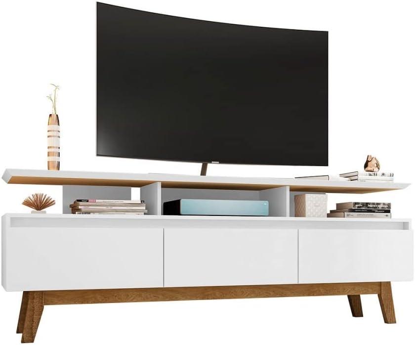 Mid-Century Modern White TV Stand with Open & Concealed Storage, 70.86"