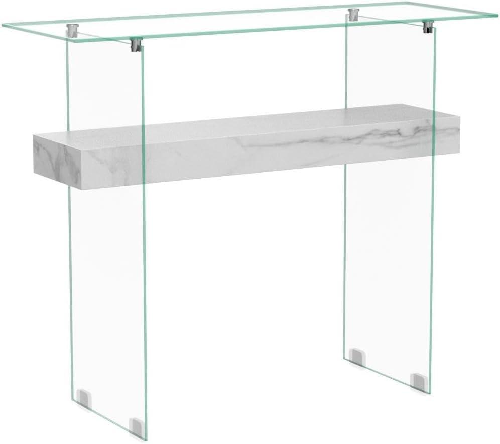 Sleek Dark Brown Glass-Top Console Table with Storage, 39.4"