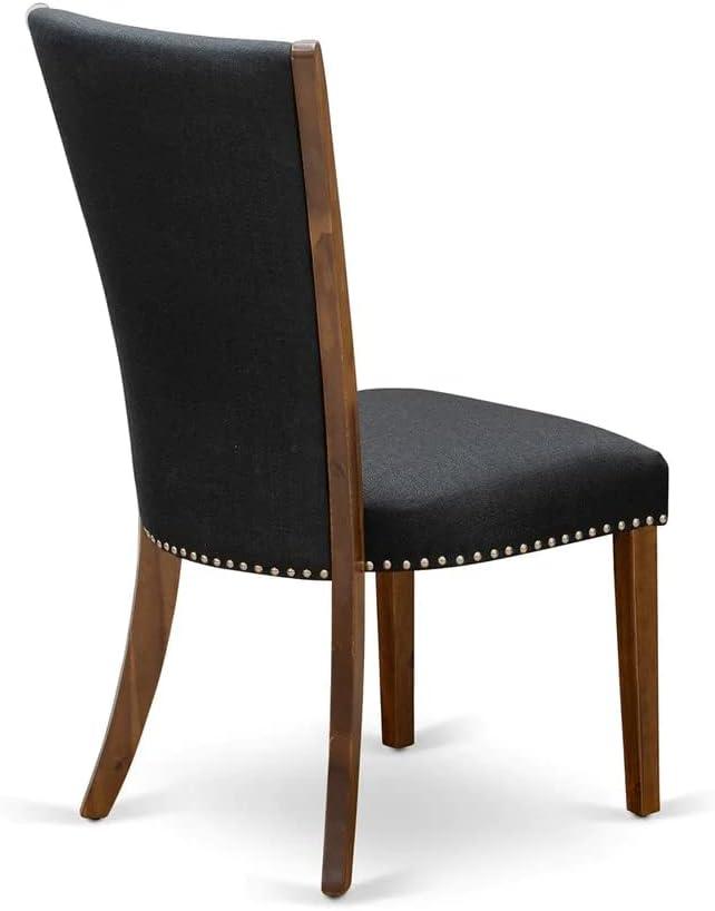 Verona Antique Walnut Wooden Frame Dining Chair with Black Linen Fabric Seat with Nail Head & Stylish Back - Set of 2