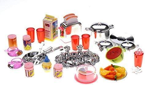 PowerTRC Doll Kitchen Play Set, Mini Modern Toy Pink Kitchen Pretend Play Furnitures Toy Set Accessories Set with Realistic Light & Sound for Kids Toddlers Girls (4-in-1)