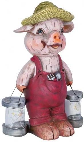 Rustic Farmhouse Pig Garden Statue with Solar LED Lights