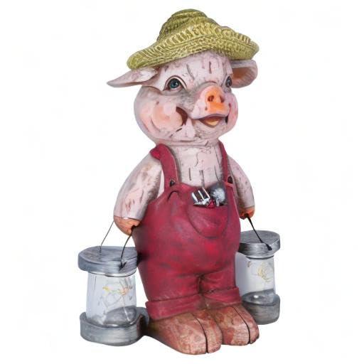 Exhart Garden Sculpture, Farmhouse Pig Solar Garden Statue with Glass Jars, LED Firefly Lights, Outdoor Garden Decoration, 12.5 Inch