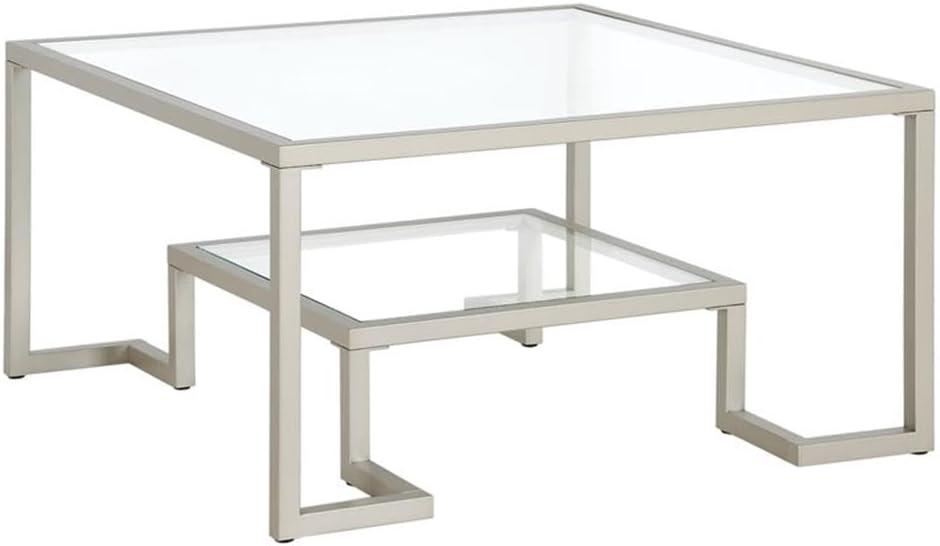 Athena 32" Satin Nickel Square Metal Coffee Table with Glass Shelves