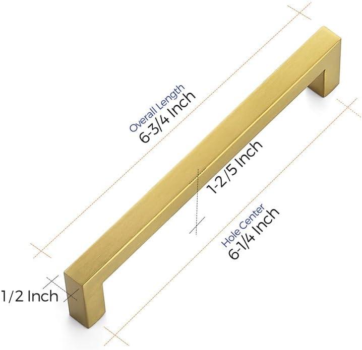 Goldenwarm 10 Pack Gold Cabinet Furniture Pulls Kitchen Hardware Square Door Handles 6-1/4 Inch Hole Centers