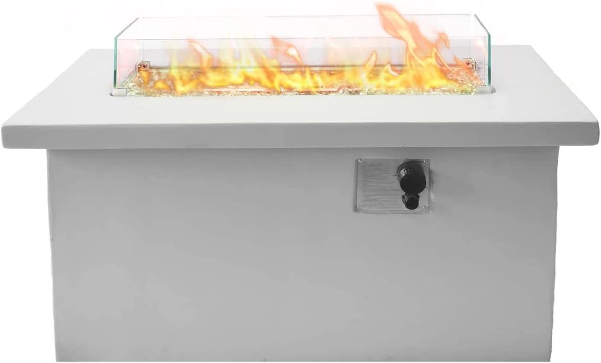 Contemporary 42"x20" White Ceramic Propane Fire Pit Table with Glass Guard