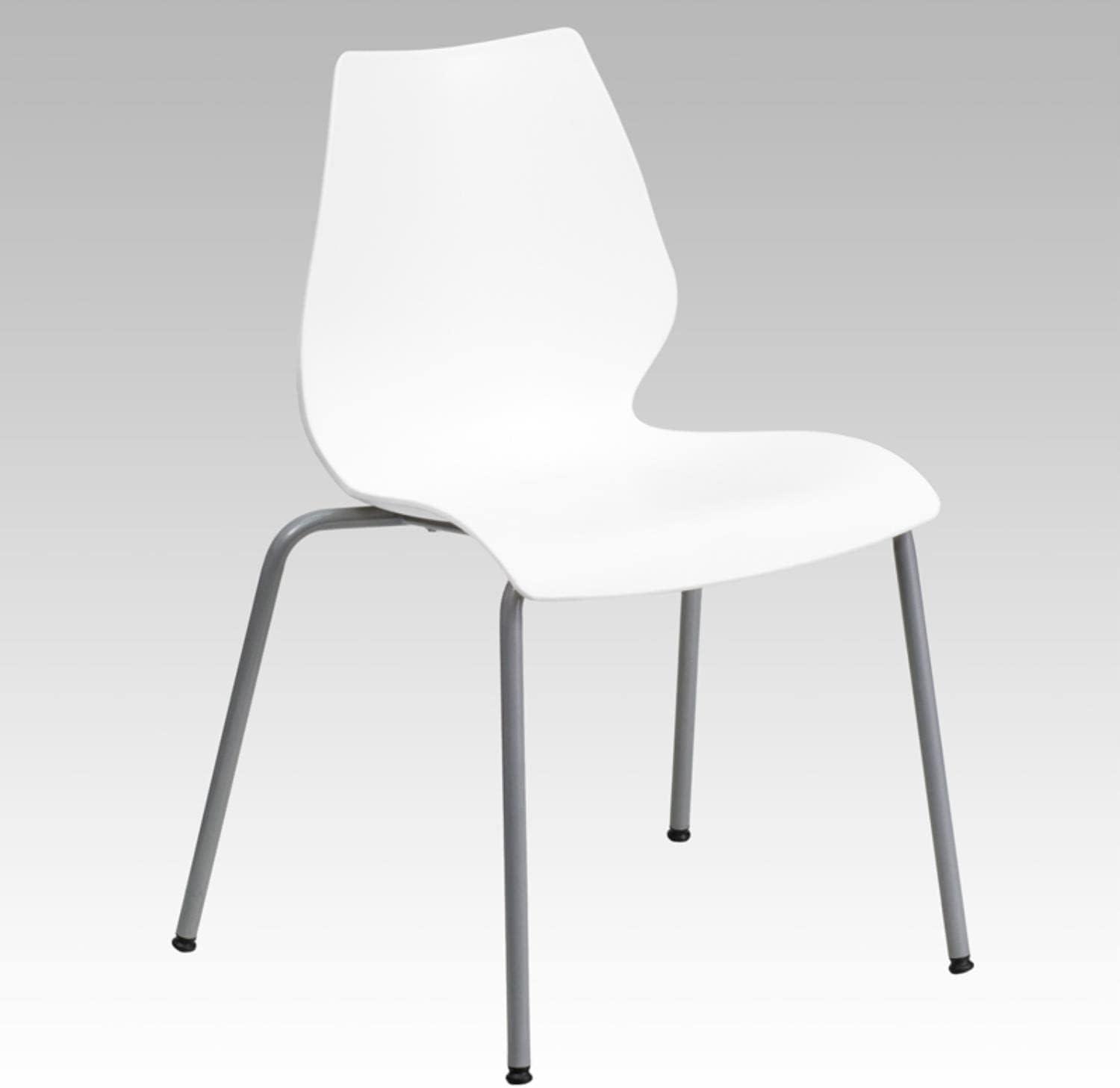 Flash Furniture HERCULES Series 770 lb. Capacity White Stack Chair with Lumbar Support and Silver Frame