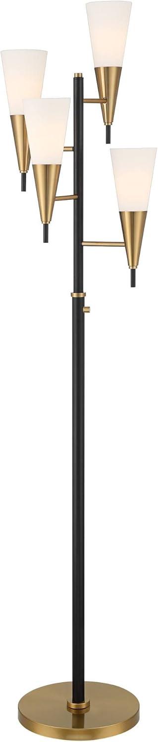 Possini Euro Design Quatro Mid Century Modern Tree Floor Lamp 71" Tall Black Gold Metal 4 Light Frosted Glass Cone Shade for Living Room Bedroom House