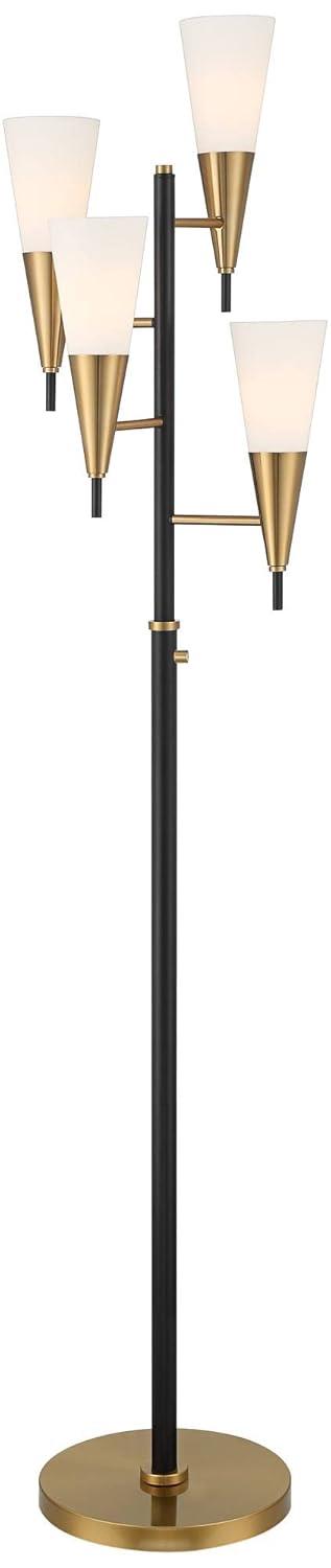 Possini Euro Design Quatro Mid Century Modern Tree Floor Lamp 71" Tall Black Gold Metal 4 Light Frosted Glass Cone Shade for Living Room Bedroom House