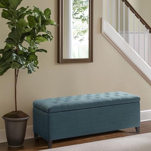 18" Shandra Bench Storage Ottoman with Tufted Top Blue - Home: Faux Leather, Rectangular, Wood Legs, Polyester Upholstered