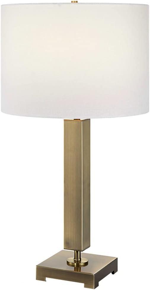 Antique Brass Table Lamp with White Linen Shade