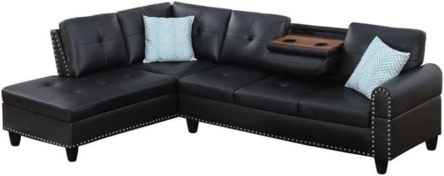 Devion Furniture Contemporary Faux Leather Nailhead Trim L Shaped Sectional Sofa Set Black