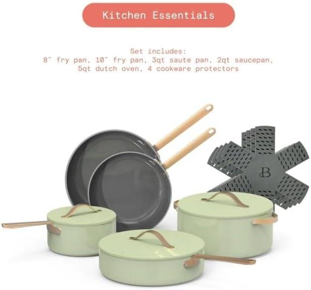 Beautiful 12pc Ceramic Non-Stick Cookware Set, Sage Green by Drew Barrymore