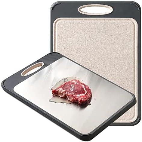 GUANCI 16" x 11" Double-Sided Stainless Steel and Wheat Straw Cutting Board