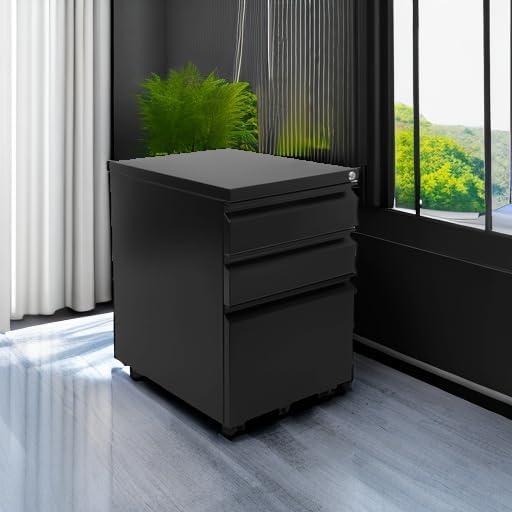 Mount-It! 3 Drawer Cabinet for Under Desk with Wheels | Rolling Storage with Lock for Files & Materials, Mobile Space Saving for Home & Office - Black